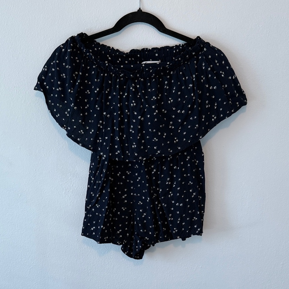 Hollister Navy Off-Shoulder Romper with White Floral Print